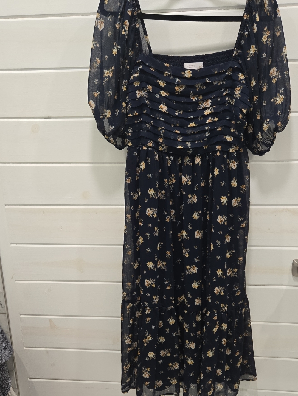 LC Lauren Conrad Navy Floral Midi Dress with Puff Sleeves